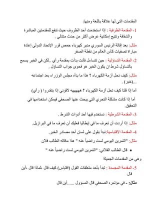 ‫ومنها‬ ‫باللغة‬ ‫عالقة‬ ‫لها‬ ‫التي‬ ‫المقدمات‬:
1-‫الظرفية‬ ‫المقدمة‬:‫للمقدمتين‬ ‫تنفع‬ ‫حيث‬ ‫الظروف‬ ‫أحد‬ ‫استخدمت‬ ‫إذا‬‫المباشرة‬
‫متتالي‬ ‫حدث‬ ‫من‬ ‫أكثر‬ ‫عرض‬ ‫إمكانية‬ ‫وتتيح‬ ‫والشفافة‬.
‫مثال‬:‫إعادة‬ ‫الدولي‬ ‫اإلتحاد‬ ‫قرر‬ ‫حمص‬ ‫كهرباء‬ ‫مدير‬ ‫السوري‬ ‫الرئيس‬ ‫إقالة‬ ‫بعد‬
‫الصفر‬ ‫نقطة‬ ‫من‬ ‫العالم‬ ‫كأس‬ ‫تصفيات‬ ‫مباراة‬
2-‫التساؤلية‬ ‫المقدمة‬:‫تتساء‬ ‫حين‬‫ل‬‫بدأت‬ ‫فأنت‬‫رأي‬ ‫بمقدمة‬..‫يسمح‬ ‫الخبر‬ ‫في‬ ‫لكن‬
‫ان‬ ‫شرط‬ ‫بالتساؤل‬‫التساؤل‬ ‫جواب‬ ‫فحوى‬ ‫هو‬ ‫الخبر‬ ‫يكون‬.
‫مثال‬:‫؟‬ ‫الكهرباء‬ ‫أزمة‬ ‫نحل‬ ‫كيف‬‫اجتماعه‬ ‫بعد‬ ‫الوزراء‬ ‫مجلس‬ ‫بدأه‬ ‫ما‬ ‫هذا‬
(...‫خبر‬. )
‫بتقدروا‬ ‫إذا‬ ‫القوني‬ ‫هههههه‬ ‫؟‬ ‫الكهرباء‬ ‫أزمة‬ ‫تحل‬ ‫كيف‬ ‫قلنا‬ ‫إذا‬ ‫أما‬(‫رأي‬)
‫في‬ ‫استخدامها‬ ‫فيمكن‬ ‫الصحفي‬ ‫عنها‬ ‫يبحث‬ ‫التي‬ ‫التحري‬ ‫مشكلة‬ ‫كانت‬ ‫إذا‬ ‫أما‬
‫التحقي‬‫ق‬.
3-‫الشرطية‬ ‫المقدمة‬:‫الشرط‬ ‫أدوات‬ ‫أحد‬ ‫فيها‬ ‫نستخدم‬.
‫مثال‬:‫البرازيل‬ ‫في‬ ‫ما‬ ‫تعرف‬ ‫أن‬ ‫فعليك‬ ‫إيطاليا‬ ‫في‬ ‫ما‬ ‫تعرف‬ ‫أن‬ ‫أردت‬ ‫إذا‬.
4-‫االقتباسية‬ ‫المقدمة‬:‫الخبر‬ ‫مصادر‬ ‫أحد‬ ‫لسان‬ ‫على‬ ‫بقول‬ ‫نبدأ‬.
‫مثال‬:"‫عنه‬ ً‫ا‬‫راضي‬ ‫لست‬ ‫اليومي‬ ‫التمرين‬"‫فالن‬ ‫الطالب‬ ‫ماقاله‬ ‫هذا‬
‫الفالني‬ ‫الطالب‬ ‫قال‬:"‫عنه‬ ً‫ا‬‫راضي‬ ‫لست‬ ‫اليومي‬ ‫التمرين‬"
‫الجميلة‬ ‫المقدمات‬ ‫من‬ ‫وهي‬
5-‫المجسدة‬ ‫المقدمة‬:‫القول‬ ‫متعلقات‬ ‫بأحد‬ ‫تبدأ‬(‫اقتباس‬)‫قال‬ ‫كيف‬,‫قال‬ ‫لماذا‬,‫أين‬
‫قال‬
‫مثال‬:-‫المسؤول‬ ‫قال‬ ‫الصحفي‬ ‫مؤتمره‬ ‫في‬......‫قال‬ ‫أين‬
 