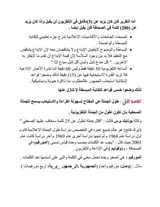 ‫عن‬ ‫يزيد‬ ‫كان‬ ‫فإن‬ ‫التقرير‬ ‫أما‬(3)‫يزيد‬ ‫كان‬ ‫وإذا‬ ‫يقبل‬ ‫لن‬ ‫التلفزيون‬ ‫في‬ ‫دقائق‬
‫عن‬(282)‫ايضا‬ ‫يقبل‬ ‫فلن‬ ‫الصحافة‬ ‫في‬ ‫كلمة‬.
‫للكتابة‬ ‫تعليمي‬ ‫جزء‬ ‫تدرج‬ ‫اإلعالمية‬ ‫واألكادميات‬ ‫الجامعات‬ ‫أصبحت‬
‫والواضحة‬ ‫المبسطة‬.
‫معه‬ ‫يتناقضان‬ ‫وال‬ ‫اإلبداع‬ ‫اليلغيان‬ ‫والوضوح‬ ‫البساطة‬‫يتناقض‬ ‫اإلبداع‬ ‫إلن‬
‫به‬ ‫اليفكر‬ ‫ما‬ ‫تقدم‬ ‫أن‬ ‫اإلبداع‬ ‫قيمة‬ ‫إلن‬ ‫السالسة‬ ‫وجود‬ ‫من‬ ‫بد‬ ‫فال‬ ‫التعقيد‬ ‫مع‬
‫االخرين‬" .‫مبدع‬ ‫تنبل‬ ‫كل‬ ‫وليس‬ ‫تنبل‬ ‫مبدع‬ ‫كل‬"
‫التلفزيونية‬ ‫الساعة‬51‫وليس‬ ‫فقط‬ ‫دقيقة‬01‫اإلذاعية‬ ‫األخبار‬ ‫نشرة‬ ‫أما‬ ‫دقيقة‬
‫عن‬ ‫فيها‬ ‫االستيعابية‬ ‫القدرة‬ ‫تزيد‬ ‫فال‬(15)‫دقيق‬‫قواعد‬ ‫وضعوا‬ ‫لذلك‬ ‫ة‬
‫الجمهور‬ ‫استيعاب‬ ‫إلمكانية‬,‫وديناميكية‬ ‫حيوية‬ ‫ذاكرة‬ ‫منا‬ ‫فالمطلوب‬.
‫عنها‬ ‫تنازل‬ ‫ال‬ ‫المبسطة‬ ‫للكتابة‬ ‫قواعد‬ ‫خمس‬ ‫وضعوا‬ ‫لذلك‬
‫األوىل‬ ‫القاعدة‬:‫واالستيعاب‬ ‫القراءة‬ ‫لسهولة‬ ‫المفتاح‬ ‫هي‬ ‫الجملة‬ ‫طول‬,‫للجملة‬ ‫يسمح‬
‫التلفزيونية‬ ‫الجملة‬ ‫من‬ ‫اطول‬ ‫تكون‬ ‫بأن‬ ‫الصحفية‬.
‫وكالة‬‫برس‬ ‫يونايتد‬‫قالت‬" :‫عن‬ ‫تطول‬ ‫جملة‬ ‫قكل‬25‫الصحفي‬ ‫عليها‬ ‫سنعاقب‬ ‫كلمة‬"
(‫فانج‬ ‫إيرك‬)‫بـ‬ ‫قام‬ ‫اإلعالمية‬ ‫الجملة‬ ‫طول‬ ‫بدراسة‬ ‫التخصص‬ ‫في‬ ‫عمره‬ ‫ضيع‬ ‫عالم‬ ‫هو‬
‫عام‬ ‫دراسة‬ ‫أول‬1007‫عام‬ ‫أخرى‬ ‫بدراسة‬ ‫تبعها‬ ‫ثم‬ ‫م‬1000‫عام‬ ‫كانت‬ ‫دراسة‬ ‫أخر‬ ‫م‬
2113‫قال‬ ‫حيث‬" :‫بحسب‬ ‫الكلمات‬ ‫عد‬ ‫يجب‬‫تسمى‬ ‫قياس‬ ‫وحدة‬(‫المورفيم‬)‫في‬
‫الصحافة‬,‫و‬(‫وفونيم‬)‫والتلفزيون‬ ‫اإلذاعة‬ ‫في‬.
‫المورفيم‬:‫الكلمات‬ ‫نعد‬ ‫أساسها‬ ‫على‬ ‫والتي‬ ‫الكلمة‬ ‫في‬ ‫معنى‬ ‫تحمل‬ ‫وحدة‬ ‫أصغر‬ ‫هي‬.
‫مثال‬:(‫وصل‬:‫واحد‬ ‫مورفيم‬( )‫الجمهورية‬:‫ال‬_‫جمهور‬_‫ي‬_‫ية‬:‫مورفيمات‬ ‫أربع‬)
 