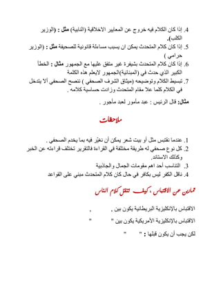 4.‫االخالقية‬ ‫المعايير‬ ‫عن‬ ‫خروج‬ ‫فيه‬ ‫الكالم‬ ‫كان‬ ‫إذا‬(‫النابية‬)‫مثل‬:(‫الوزير‬
‫الكلب‬.)
5.‫يسبب‬ ‫ان‬ ‫يمكن‬ ‫المتحدث‬ ‫كالم‬ ‫كان‬ ‫إذا‬‫للصحيفة‬ ‫قانونية‬ ‫مساءلة‬‫مثل‬:(‫الوزير‬
‫حرامي‬)
0.‫الجمهور‬ ‫مع‬ ‫عليها‬ ‫متفق‬ ‫غير‬ ‫بشيفرة‬ ‫المتحدث‬ ‫كالم‬ ‫كان‬ ‫إذا‬‫مثال‬:‫الخطأ‬
‫في‬ ‫حدث‬ ‫الذي‬ ‫الكبير‬(‫المبنائية‬)‫الكلمة‬ ‫هذه‬ ‫اليعلم‬ ‫الجمهور‬
8.‫وتوضيحه‬ ‫الكالم‬ ‫تبسيط‬(‫الصحفي‬ ‫الشرف‬ ‫ميثاق‬)‫يتدخل‬ ‫أال‬ ‫الصحفي‬ ‫ننصح‬
‫مقا‬ ‫عال‬ ‫كلما‬ ‫الكالم‬ ‫في‬‫كالمه‬ ‫حساسية‬ ‫وزادت‬ ‫المتحدث‬ ‫م‬.
‫مثال‬:‫الرئيس‬ ‫قال‬:‫مأجور‬ ‫لعبد‬ ‫مأمور‬ ‫عبد‬.
‫مالحظات‬
1.‫ع‬ّ‫ي‬‫نغ‬ ‫أن‬ ‫يمكن‬ ‫شعر‬ ‫بيت‬ ‫أو‬ ‫مثل‬ ‫نقتبس‬ ‫ندما‬‫الصحفي‬ ‫يخدم‬ ‫بما‬ ‫فيه‬ ‫ر‬.
2.‫الخبر‬ ‫عن‬ ‫قراءته‬ ‫تختلف‬ ‫فالتقرير‬ ‫القراءة‬ ‫في‬ ‫مختلفة‬ ‫طريقة‬ ‫له‬ ‫صحفي‬ ‫نوع‬ ‫كل‬
‫االستاند‬ ‫وكذلك‬.
3.‫والجاذبية‬ ‫الجمال‬ ‫مقومات‬ ‫اهم‬ ‫أحد‬ ‫التناسب‬
4.‫القواعد‬ ‫على‬ ‫مبني‬ ‫المتحدث‬ ‫كالم‬ ‫كان‬ ‫حال‬ ‫في‬ ‫بكافر‬ ‫ليس‬ ‫الكفر‬ ‫ناقل‬
‫الناس‬ ‫كالم‬ ‫تنقل‬ ‫كيف‬ ، ‫االقتباس‬ ‫عن‬ ‫متارين‬
‫بين‬ ‫يكون‬ ‫البريطانية‬ ‫باإلنكليزية‬ ‫االقتباس‬,,
‫باإلنكليزية‬ ‫االقتباس‬‫بين‬ ‫يكون‬ ‫األمريكية‬" "
‫ي‬ ‫لكن‬‫قبلها‬ ‫يكون‬ ‫أن‬ ‫جب‬:" "
 