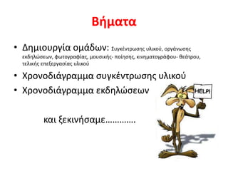 Βήματα
• Δημιουργία ομάδων: Συγκέντρωσης υλικού, οργάνωσης
εκδηλώσεων, φωτογραφίας, μουσικής- ποίησης, κινηματογράφου- θεά...