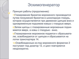 Принцип работы (продолжение):
7)Глазирование брикетов мороженого производится
путем погружения брикетов в шоколадную глазурь,
которое осуществляется при движении щипцов вниз и
одновременным подъемом ковша с глазурью вверх.
8)Затем щипцы с глазированным мороженым подни-
маются вверх, а ковш с глазурью - вниз.
9)Глазированное мороженое подается к сбрасывате-
лю, освобождается от щипцов и сбрасывается на
лотки транспортера 14.
10)Освобожденные из-под мороженого формочки 2
поступают под дозатор 12, и цикл повторяется
неоднократно.
Эскимогенератор
 