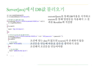 Server(java)에서 DB값 불러오기
executeQuery를 통해 DB사용을 시작하고
execute를 통해 명령문을 사용해서 그 결
과를 ResultSet에 저장함
조건에 맞는 data가 없으면 rs.next()가 존재하지 않음
조건문을 만들때 따옴표 같은걸 생략하기 쉬움
조심해서 조건문을 만들어야함
 