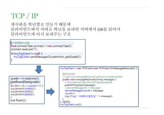 TCP / IP
게시판을 학년별로 만들기 때문에
클라이언트에서 서버로 학년을 보내면 서버에서 DB를 읽어서
클라이언트에 다시 보내주는 구조
 