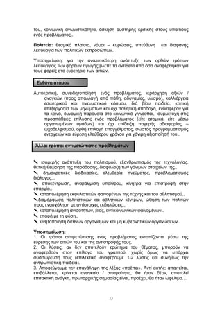 του, κοινωνική αγωνιστικότητα, άσκηση αυστηρής κριτικής στους υπαίτιους
ενός προβλήματος..
Πολιτεία: θεσμικό πλαίσιο, νόμοι – κυρώσεις, υπεύθυνη και διαφανής
λειτουργία των πολιτικών εκπροσώπων..
Υποσημείωση: για την αναλυτικότερη ανάπτυξη των ορθών τρόπων
λειτουργίας των φορέων αγωγής βλέπε τα αντίθετα από όσα αναφέρθηκαν για
τους φορείς στο ευρετήριο των αιτιών.
Αυτοκριτική, συνειδητοποίηση ενός προβλήματος, ιεράρχηση αξιών /
αναγκών (προς απαλλαγή από πάθη, αδυναμίες, υλισμό), καλλιέργεια
εσωτερικού και πνευματικού κόσμου, διά βίου παιδεία, κριτική
επεξεργασία των μηνυμάτων και όχι παθητική αποδοχή, ενδιαφέρον για
τα κοινά, δυναμική παρουσία στο κοινωνικό γίγνεσθαι, συμμετοχή στις
προσπάθειες επίλυσης ενός προβλήματος (είτε ατομικά, είτε μέσω
οργανωμένων ομάδων) και όχι επίδειξη παγερής αδιαφορίας –
ωχαδελφισμού, ορθή επιλογή επαγγέλματος, σωστός προγραμματισμός
ενεργειών και εύρεση ελεύθερου χρόνου για γόνιμη αξιοποίησή του..
 ισομερής ανάπτυξη του πολιτισμού, εξανθρωπισμός της τεχνολογίας,
θετική θεώρηση της παράδοσης, διαφύλαξη των γόνιμων στοιχείων της..
 δημοκρατικές διαδικασίες, ελευθερία πνεύματος, προβληματισμός
διάλογος,..
 αποκέντρωση, αναβάθμιση υπαίθρου, κίνητρα για επιστροφή στην
επαρχία..
 καταπολέμηση εκφυλιστικών φαινομένων της τέχνης και του αθλητισμού..
διαμόρφωση πολιτιστικών και αθλητικών κέντρων, ώθηση των πολιτών
προς ενασχόληση με αντίστοιχες εκδηλώσεις..
 καταπολέμηση ανισοτήτων, βίας, αντικοινωνικών φαινομένων..
 επαφή με τη φύση..
 κινητοποίηση διεθνών οργανισμών και μη κυβερνητικών οργανώσεων..
Υποσημείωση:
1. Οι τρόποι αντιμετώπισης ενός προβλήματος εντοπίζονται μέσω της
εύρεσης των αιτιών του και της αντιστροφής τους.
2. Οι λύσεις, αν δεν αποτελούν ερώτημα του θέματος, μπορούν να
αναφερθούν στον επίλογο του γραπτού, χωρίς όμως να υπάρχει
συσσώρευσή τους (επιλεκτικά αναφέρουμε 1-2 λύσεις και συνήθως την
ανθρωπιστική παιδεία).
3. Αποφεύγουμε την επανάληψη της λέξης «πρέπει». Αντί αυτής: απαιτείται,
επιβάλλεται, κρίνεται αναγκαίο / απαραίτητο, θα ήταν δέον, αποτελεί
επιτακτική ανάγκη, πρωταρχικής σημασίας είναι, προέχει, θα ήταν ωφέλιμο…
13
Ευθύνη ατόμου
Άλλοι τρόποι αντιμετώπισης προβλημάτων
 