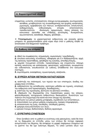 επιρρέπεια, ευπιστία, επιπολαιότητα, έλλειψη αυτοκυριαρχίας, ανυπομονησία,
αστάθεια, μεταβλητότητα της συναισθηματικής και ψυχικής κατάστασης,
μιμητισμός, αμφισβήτηση των πάντων, αντιδραστικότητα, απολυτότητα,
αυθορμητισμός, ενθουσιασμός, απειρία, απαιτητικότητα,
προοδευτικότητα, ιδεαλισμός, οραματισμός, τάσεις αλλαγής του
κοινωνικού γίγνεσθαι και επίδειξης αυτονομίας, δυναμικότητα,
αγωνιστικότητα, αισιοδοξία, θάρρος, φιλοδοξία…
 Υποσημείωση: τα χαρακτηριστικά ανθρώπινης και νεανικής φύσης
μπορούν να χρησιμοποιηθούν κατά κύριο λόγο όταν ο μαθητής κληθεί να
αιτιολογήσει ένα διαχρονικό πρόβλημα.
α. ηθική του συμφέροντος, ατομικισμός, εκμαυλισμός / εκχυδαϊσμός..
β. απώλεια κοινωνικής συνείδησης, αδιαφορία για ό,τι διαδραματίζεται, αρχή
της ήσσονος προσπάθειας, φιλοθηρία της ευκολίας, απανθρωπισμός..
γ. χαμηλό πνευματικό επίπεδο, προκαταλήψεις και στερεότυπα, έλλειψη
κριτικής ικανότητας και καλλιέργειας, φανατισμός, μαζοποίηση, ανωριμότητα
και ενδοτικότητα, ανευθυνότητα (οι ευθύνες αποδίδονται στο κοινωνικό
σύστημα)..
δ. συμπλέγματα, ανασφάλειες, εγωκεντρισμός, αλαζονεία..
Β. ΕΥΡΕΣΗ ΑΙΤΙΩΝ ΘΕΤΙΚΩΝ ΚΑΤΑΣΤΑΣΕΩΝ
α. ανάπτυξη του πολιτισμού, των τεχνών και των επιστημών, άνοδος του
μορφωτικού επιπέδου..
β. καθολικότητα της εκπαίδευσης, καλύτερες μέθοδοι και τεχνικές, απαλλαγή
του ανθρώπου από προκαταλήψεις, δεισιδαιμονίες..
γ. ανάπτυξη της τεχνολογίας, βελτίωση του βιοτικού επιπέδου..
δ. εδραίωση της δημοκρατίας στις περισσότερες χώρες του κόσμου,
φιλελευθερισμός, κατοχύρωση ανθρωπίνων δικαιωμάτων, δυνατότητα των
πολιτών στη συμμετοχή στα κοινά και στον έλεγχο της εξουσίας..
ε. βελτίωση των μέσων μαζικής μεταφοράς, εκμηδένιση των αποστάσεων..
ζ. τελειοποίηση των μέσων μαζικής ενημέρωσης, έγκαιρη πληροφόρηση..
η. απλούστευση της ζωής, ελευθερίες, ελεύθερος χρόνος..
θ. γρήγορη κοινωνικοποίηση των νέων..
ι. ειρηνικό πνεύμα, διεθνοποίηση, διεθνείς οργανισμοί..
Γ. ΕΥΡΕΤΗΡΙΟ ΣΥΝΕΠΕΙΩΝ
Όταν ζητηθούν από το μαθητή οι συνέπειες ενός φαινομένου, καλό θα ήταν
να τις διαχωρίσει σε επίπεδα, μέσω των οποίων θα πετύχει σφαιρική
αντιμετώπιση του θέματος, θα αποφύγει τη γραφή παρόμοιων στοιχείων και
το γραπτό του θα έχει καλύτερη δόμηση. Το υλικό ωστόσο όλων των
8
4. Χαρακτηριστικά νέων:
5. Ευθύνη του ατόμου:
 
