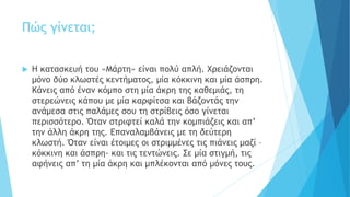 Πώς γίνεται;
 Η κατασκευή του «Μάρτη» είναι πολύ απλή. Χρειάζονται
μόνο δύο κλωστές κεντήματος, μία κόκκινη και μία άσπρη.
Κάνεις από έναν κόμπο στη μία άκρη της καθεμιάς, τη
στερεώνεις κάπου με μία καρφίτσα και βάζοντάς την
ανάμεσα στις παλάμες σου τη στρίβεις όσο γίνεται
περισσότερο. Όταν στριφτεί καλά την κομπιάζεις και απ’
την άλλη άκρη της. Επαναλαμβάνεις με τη δεύτερη
κλωστή. Όταν είναι έτοιμες οι στριμμένες τις πιάνεις μαζί –
κόκκινη και άσπρη- και τις τεντώνεις. Σε μία στιγμή, τις
αφήνεις απ’ τη μία άκρη και μπλέκονται από μόνες τους.
 