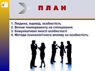 П Л А НП Л А Н
1. Людина, індивід, особистість
2. Вплив темпераменту на спілкування.
3. Комунікативні якості особистості
4...
