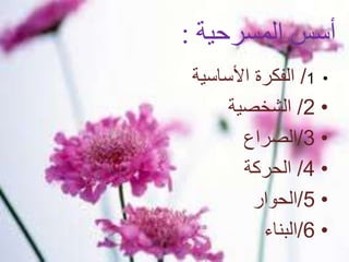 ‫المسرحية‬ ‫أسس‬:
•1/‫األساسية‬ ‫الفكرة‬
•2/‫الشخصية‬
•3/‫الصراع‬
•4/‫الحركة‬
•5/‫الحوار‬
•6/‫البناء‬
 