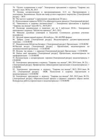 78. “Летнее оздоровление в игре”. Электронное приложение к журналу “Здаровы лад
жыцця”.( вып. №16), №, 2013
79. Основы алгоритмизации и программирования. 6-11 кл. Программируем с
увлечением. Запоминалки. Песня как жанр устного народного творчества.-[Электронный
ресурс] – ЭСО
80. “На частоте здоровья” ( наркомания): видеофильм( 38 мин.).
81. Использование сервисов WEB 2.0 в образовательном процессе [Электронный ресурс]
82. “Зависимость и здоровье несовместимы!”. - Электронное приложение к журналу
“Здаровы лад жыцця” (вып.№17), - №19,2013
83. Каляндар знамянальных и памятных дат на I паўгоддзе 2014г.- Электронное
приложение к журналу “Бібліятэка прапануе”, № 5, 2013
84. Минские духовные семинария и Академия. Слонимское духовное училище:
видеофильм
85. Детский православный журнал «Колыбель».- №1-48.PDF-формат
86. Доброе слово [Электронный ресурс]: Видеоматериалы духовно-нравственной
тематики. - 1 CD-ROM
87. Нацыянальная бібліятэка Беларусі [Электронный ресурс]: Презентации 1 CD-ROM
88.Чистый воздух [Электронный ресурс] : Презентации, видеоматериалы по
антиникотиновой пропаганде. - 1 CD-ROM
89. Вольны час цікава і з карысцю [Электронный ресурс]: Презентации - 1 CD-ROM
90. Найди своё призвание [Электронный ресурс]: Презентации, видеоматериалы по
профориентации. - 1 CD-ROM
91. Путешествуем с литературными героями [Электронный ресурс]: видеоматериалы -1
CD-ROM
92. Электронное приложение к журналу “Здаровы лад жыцця”, №9, 2014 (вып. № 21). -
[Электронный ресурс]: Профилактика табакокурения (презентации и видеоматериалы) -1
CD-ROM
93. Электронное приложение к журналу “Здаровы лад жыцця”, №12, 2014 (вып. №
22). [Электронный ресурс]: ОБЖ. Психология и здоровье (презентации и
видеоматериалы) -1 CD-ROM
94. Электронное приложение к журналу “Здаровы лад жыцця”, №3, 2015 (вып. № 23).
[Электронный ресурс]: Образовательный процесс в формате здорового образа жизни.
Конкурсные работы (презентации и видеоматериалы) -1 CD-ROM
 