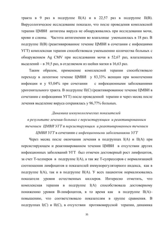 тракта в 9 раз в подгруппе II(А) и в 22,57 раз в подгруппе II(B).
Вирусологическое исследование показало, что после проведения комплексной
терапии ЦМВИ антигены вируса не обнаруживались при исследовании мочи,
крови и слюны. Частота антигенемии во влагалище уменьшилась в 18 раз. В
подгруппе II(B) (реактивированное течение ЦМВИ в сочетании с инфекциями
УГТ) комплексная терапия способствовала уменьшению количества больных с
обнаружением Ag CMV при исследовании мочи в 52,67 раз, влагалищных
выделений – в 39,5 раз, в отделяемом из шейки матки в 16,63 раз.
Таким образом, применение комплексной терапии способствовало
переходу в латентное течение ЦМВИ у 83,33% женщин при монотечении
инфекции и у 93,04% при сочетании с инфекционными заболеваниями
урогенитального тракта. В подгруппе II(С) (реактивированное течение ЦМВИ в
сочетании с инфекциями УГТ) после проведенной терапии и через месяц после
лечения выделение вируса сохранялась у 96,77% больных.
Динамика иммунологических показателей
в результате лечения больных с персистирующим и реактивированным
течением ЦМВИ УГТ и персистирующим и реактивированным течением
ЦМВИ УГТ в сочетании с инфекционными заболеваниями УГТ
Через месяц после окончания лечения в подгруппах I(A) и II(А) при
персистирующем и реактивированном течении ЦМВИ в отсутствии других
инфекционных заболеваний УГТ был отмечен достоверный рост лимфоцитов,
за счет Т-хелперов в подгруппе I(A), а так же Т-супрессоров с нормализацией
соотношения лимфоцитов и показателей иммунорегуляторного индекса, как в
подгруппе I(A), так и в подгруппе II(А). У всех пациенток нормализовались
показатели уровня естественных киллеров. Интересно отметить, что
комплексная терапия в подгруппе I(A) способствовала достоверному
понижению уровня B-лимфоцитов, в то время как в подгруппе II(А)–
повышению, что соответствовало показателям в группе сравнения. В
подгруппах I(С) и II(С), в отсутствии противовирусной терапии, динамика
35
 