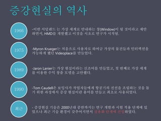 1966
1975
1989
1990
-이반 서덜랜드 는 가상 세계로 안내하는 창(Window)이 될 것이라고 제안
하면서, HMD를 개발했고 이것을 시초로 연구가 시작됨.
-Myron Krueger는 처음으로 사용자로 하여금 가상의 물건들과 인터랙션을
가능하게 했던 Videoplace를 만들었다.
-Jaron Lanier는 가상 현실이라는 신조어를 만들었고, 첫 번째로 가상 세계
를 이용한 수익 창출 모델을 고안했다.
-Tom Caudell은 보잉사가 작업자들에게 항공기의 전선을 조립하는 것을 돕
기 위한 과정에서 증강 현실이란 용어를 만들고 최초로 사용되었다.
- 증강˳ѫ 기술은 2000년대 중반까지는 연구 개발과 시험 적용 단계에 있
었으나 최근 기술 환경이 갖추어지면서 실용화 단계에 진입하였다.
최근
 