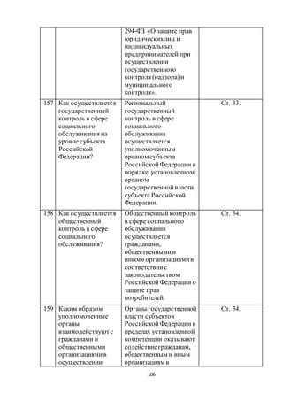 106
294-ФЗ «О защите прав
юридическихлиц и
индивидуальных
предпринимателей при
осуществлении
государственного
контроля (надзора) и
муниципального
контроля».
157 Как осуществляется
государственный
контроль в сфере
социального
обслуживания на
уровне субъекта
Российской
Федерации?
Региональный
государственный
контроль в сфере
социального
обслуживания
осуществляется
уполномоченным
органом субъекта
РоссийскойФедерации в
порядке, установленном
органом
государственнойвласти
субъекта Российской
Федерации.
Ст. 33.
158 Как осуществляется
общественный
контроль в сфере
социального
обслуживания?
Общественныйконтроль
в сфере социального
обслуживания
осуществляется
гражданами,
общественнымии
иными организациямив
соответствиис
законодательством
РоссийскойФедерации о
защите прав
потребителей.
Ст. 34.
159 Каким образом
уполномоченные
органы
взаимодействуютс
гражданами и
общественными
организациямив
осуществлении
Органы государственной
власти субъектов
РоссийскойФедерации в
пределах установленной
компетенции оказывают
содействиегражданам,
общественным и иным
организациям в
Ст. 34.
 