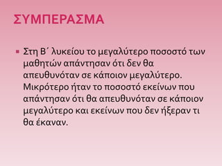  Στη Β΄ λυκείου το μεγαλύτερο ποσοστό των
μαθητών απάντησαν ότι δεν θα
απευθυνόταν σε κάποιον μεγαλύτερο.
Μικρότερο ήταν το ποσοστό εκείνων που
απάντησαν ότι θα απευθυνόταν σε κάποιον
μεγαλύτερο και εκείνων που δεν ήξεραν τι
θα έκαναν.
 