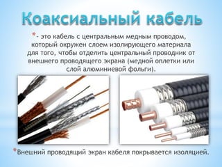 *- это кабель с центральным медным проводом,
который окружен слоем изолирующего материала
для того, чтобы отделить центральный проводник от
внешнего проводящего экрана (медной оплетки или
слой алюминиевой фольги).
*Внешний проводящий экран кабеля покрывается изоляцией.
 