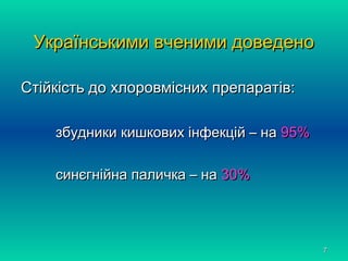 77
Українськими вченими доведеноУкраїнськими вченими доведено
Стійкість до хлоровмісних препаратів:Стійкість до хлоровмісн...