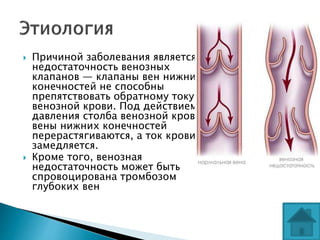  Причиной заболевания является
недостаточность венозных
клапанов — клапаны вен нижних
конечностей не способны
препятствовать обратному току
венозной крови. Под действием
давления столба венозной крови,
вены нижних конечностей
перерастягиваются, а ток крови
замедляется.
 Кроме того, венозная
недостаточность может быть
спровоцирована тромбозом
глубоких вен
 
