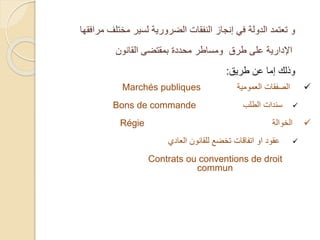 ‫مراف‬ ‫مختلف‬ ‫لسير‬ ‫الضرورية‬ ‫النفقات‬ ‫إنجاز‬ ‫في‬ ‫الدولة‬ ‫تعتمد‬ ‫و‬‫قها‬
‫القانون‬ ‫بمقتضى‬ ‫محددة‬ ‫ومساطر‬ ‫طرق‬ ‫على‬ ‫اإلدارية‬
‫وذلك‬‫طريق‬ ‫عن‬ ‫إما‬:
‫العمومية‬ ‫الصفقات‬Marchés publiques
‫الطلب‬ ‫سندات‬Bons de commande
‫الخوالة‬Régie
‫عقود‬‫ا‬‫العادي‬ ‫للقانون‬ ‫تخضع‬ ‫اتفاقات‬ ‫و‬
Contrats ou conventions de droit
commun
 