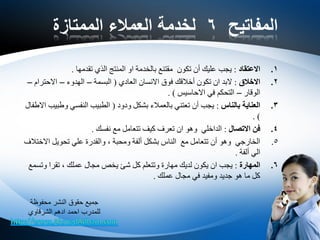 ‫المفاتيح‬6‫الممتازة‬ ‫العمالء‬ ‫لخدمة‬
.1‫االعتقاد‬:‫تقدمها‬ ‫الذي‬ ‫المنتج‬ ‫او‬ ‫بالخدمة‬ ‫مقتنع‬ ‫تكون‬ ‫أن‬ ‫عليك‬ ‫يجب‬.
.2‫االخالق‬:‫العادي‬ ‫االنسان‬ ‫فوق‬ ‫أخالقك‬ ‫تكون‬ ‫ان‬ ‫البد‬(‫البسمة‬–‫الهدوء‬–‫االحترام‬–
‫الوقار‬–‫االحاسيس‬ ‫في‬ ‫التحكم‬. )
.3‫بالناس‬ ‫العناية‬:‫ودود‬ ‫بشكل‬ ‫بالعمالء‬ ‫تعتني‬ ‫أن‬ ‫يجب‬(‫االطفال‬ ‫وطبيب‬ ‫النفسي‬ ‫الطبيب‬
. )
.4‫االتصال‬ ‫فن‬:‫نفسك‬ ‫مع‬ ‫تتعامل‬ ‫كيف‬ ‫تعرف‬ ‫ان‬ ‫وهو‬ ‫الداخلي‬.
.5‫ومحبة‬ ‫ألفة‬ ‫بشكل‬ ‫الناس‬ ‫مع‬ ‫تتعامل‬ ‫أن‬ ‫وهو‬ ‫الخارجي‬,‫االختالف‬ ‫تحويل‬ ‫علي‬ ‫والقدرة‬
‫ألفة‬ ‫الي‬.
.6‫المهارة‬:‫عملك‬ ‫مجال‬ ‫يخص‬ ‫شئ‬ ‫كل‬ ‫وتتعلم‬ ‫مهارة‬ ‫لديك‬ ‫يكون‬ ‫ان‬ ‫يجب‬,‫وتسمع‬ ‫تقرا‬
‫عملك‬ ‫مجال‬ ‫في‬ ‫ومفيد‬ ‫جديد‬ ‫هو‬ ‫ما‬ ‫كل‬.
‫محفوظة‬ ‫النشر‬ ‫حقوق‬ ‫جميع‬
‫الشرقاوي‬ ‫ادهم‬ ‫احمد‬ ‫للمدرب‬
 