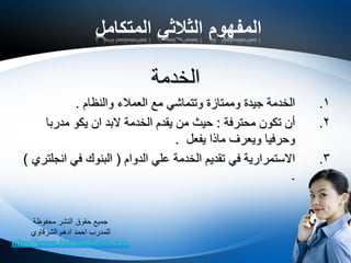 ‫المتكامل‬ ‫الثالثي‬ ‫المفهوم‬
‫الخدمة‬
.1‫والنظام‬ ‫العمالء‬ ‫مع‬ ‫وتتماشي‬ ‫وممتازة‬ ‫جيدة‬ ‫الخدمة‬.
.2‫محترفة‬ ‫تكون‬ ‫أن‬:‫مدربا‬ ‫يكو‬ ‫ان‬ ‫البد‬ ‫الخدمة‬ ‫يقدم‬ ‫من‬ ‫حيث‬
‫يفعل‬ ‫ماذا‬ ‫ويعرف‬ ‫وحرفيا‬.
.3‫الدوام‬ ‫علي‬ ‫الخدمة‬ ‫تقديم‬ ‫في‬ ‫االستمرارية‬(‫انجلتري‬ ‫في‬ ‫البنوك‬)
.
‫محفوظة‬ ‫النشر‬ ‫حقوق‬ ‫جميع‬
‫الشرقاوي‬ ‫ادهم‬ ‫احمد‬ ‫للمدرب‬
 