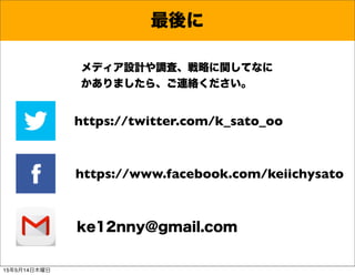 最後に
ke12nny@gmail.com
https://twitter.com/k_sato_oo
https://www.facebook.com/keiichysato
メディア設計や調査、戦略に関してなに
かありましたら、ご連絡くださ...