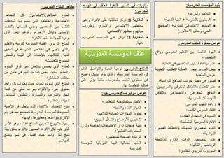 ‫المدرسٌة‬ ‫المؤسسة‬ ‫عنف‬
‫الوسط‬ ً‫ف‬ ‫العنف‬ ‫ظاهرة‬ ‫تفسٌر‬ ً‫ف‬ ‫مقاربات‬
:ً‫المدرس‬
‫المقاربة‬1:‫وعلى‬ ‫األفراد‬ ‫على‬ ‫تحلٌلها‬ ‫تركز‬
‫وظروف‬ ‫واألسري‬ ً‫االجتماع‬ ‫محٌطهم‬
‫االقتصادي؛‬ ‫وعٌشهم‬ ‫حٌاتهم‬
‫المقاربة‬2:‫المدرسٌة‬ ‫المؤسسة‬ ‫على‬ ‫تركز‬
.‫ذاتها‬
:ً‫المدرس‬ ‫المناخ‬ ‫مظاهر‬
‫المظاهر‬ ‫كل‬ :ً‫العبلبقً/االجتماع‬ ‫المناخ‬
‫العبلقات‬ ‫بها‬ ‫تتسم‬ ً‫الت‬ ‫والعاطفٌة‬ ‫االجتماعٌة‬
‫بٌن‬ ‫القابمة‬‫بالدفء‬ ‫اتصافها‬ ‫ومدى‬ ‫المتعلمٌن‬
‫الذي‬ ‫اآلمن‬ ‫والدعم‬ ‫االحترام‬ ‫وتبادل‬ ً‫االنسان‬
‫لآلخر؛‬ ‫منهم‬ ‫واحد‬ ‫كل‬ ‫ٌوفره‬
‫والتعلٌم‬ ‫للتربٌة‬ ‫الممنوحة‬ ‫القٌمة‬ :‫التربوي‬ ‫المناخ‬
‫تحقٌق‬ ً‫ف‬ ‫المدرسة‬ ‫إخبلص‬ ً‫ف‬ ‫ٌتجلى‬ ‫والذي‬
‫والمعنى‬ ‫القٌمة‬ ‫إلى‬ ‫باإلضافة‬ ،‫للتبلمٌذ‬ ‫النجاح‬
‫للتعلمات؛‬ ‫الممنوح‬
‫المناخ‬‫الهدوء‬ ‫توفر‬ ‫عبر‬ ‫باألمان‬ ‫ٌحسس‬ ‫الذي‬
‫من‬ ‫مأمن‬ ً‫ف‬ ‫أنهم‬ ‫التبلمٌذ‬ ‫ٌحس‬ ‫بحٌث‬ ،‫والنظام‬
‫المخاطر؛‬ ‫مختلف‬
‫واحد‬ ‫كل‬ ‫ٌعترف‬ ‫حٌث‬ ‫العدالة‬ ‫تسوده‬ ‫الذي‬ ‫المناخ‬
‫قٌمة‬ ‫من‬ ً‫تعل‬ ‫بقواعد‬ ‫وااللتزام‬ ‫غٌره‬ ‫بحقوق‬
‫المتكامل‬ ‫والتطبٌق‬ ‫والمساواة‬ ‫والشرعٌة‬ ‫الحق‬
‫والعقاب؛‬ ‫للجزاء‬
‫باالنتما‬ ‫اإلحساس‬ ‫مناخ‬‫االهمٌة‬ ً‫ف‬ ‫ٌتجلى‬ ‫الذي‬ ‫ء‬
‫ٌتم‬ ‫مصغر‬ ‫كمجتمع‬ ‫المدرسٌة‬ ‫للمؤسسة‬ ‫الممنوحة‬
‫وقٌمها؛‬ ‫ومعاٌٌرها‬ ‫بقواعدها‬ ‫االلتزام‬
‫األمر‬ ‫وهو‬ ،‫القابم‬ ‫المناخ‬ ‫لتحسٌن‬ ‫مشروع‬ ‫وجود‬
‫بٌبة‬ ‫بخلق‬ ‫االلتزام‬ ‫المعنٌٌن‬ ‫األفراد‬ ‫لكل‬ ‫ٌتٌح‬ ‫الذي‬
‫وتفتح‬ ‫نمو‬ ً‫ف‬ ‫أفضل‬ ‫حٌاة‬ ‫واحد‬ ‫لكل‬ ‫تتٌح‬
.‫كفاٌاتهم‬
‫المناخ‬:ً‫المدرس‬‫القابم‬ ‫والتواصل‬ ‫الحٌاة‬ ‫نوعٌة‬
‫واضح‬ ‫بشكل‬ ‫ٌؤثر‬ ‫والذي‬ ،‫المدرسٌة‬ ‫المؤسسة‬ ً‫ف‬
‫على‬ ‫ٌؤثر‬ ‫مثلما‬ ،‫بالمدرسة‬ ‫العنف‬ ‫مستوى‬ ً‫ف‬
.‫بها‬ ‫التعلمات‬ ‫فعالٌة‬
:‫جٌد‬ ً‫مدرس‬ ‫مناخ‬ ‫لتوفٌر‬ ‫عوامل‬
‫المتعلمٌن؛‬ ‫بسٌكولوجٌة‬ ‫اإللمام‬
‫والمفٌد؛‬ ‫البناء‬ ‫الحوار‬
‫للتبلم‬ ‫الحٌاتٌة‬ ‫المهارات‬ ‫تطوٌر‬‫ٌذ؛‬
‫السرٌع؛‬ ‫والتدخل‬ ‫األوضاع‬ ‫تشخٌص‬
‫وذوي‬ ‫الخاصة‬ ‫االحتٌاجات‬ ‫ذوي‬ ‫حاجات‬ ‫تلبٌة‬
‫التعلمٌة؛‬ ‫الصعوبات‬
‫للمتعلمٌن؛‬ ‫الصحٌة‬ ‫الرعاٌة‬
‫للمؤسسة‬ ‫الفٌزٌابٌة‬ ‫البٌبة‬ ‫بجمالٌة‬ ‫العناٌة‬
.‫المدرسٌة‬
:‫المدرسٌة‬ ‫المؤسسة‬ ‫بنٌة‬
‫وأسرهم؛‬ ‫التبلمٌذ‬
‫التحٌة؛‬ ‫البنٌة‬ + ‫بالمدرسة‬ ‫المهنٌون‬
،‫(المجتمع‬ ‫للمدرسة‬ ً‫االجتماع‬ ‫المحٌط‬
)...‫اإلعبلم‬ ‫وسابل‬ ،ً‫الح‬
:ً‫المدرس‬ ‫للعنف‬ ‫محفزة‬ ‫عوامل‬
‫وواقع‬ ً‫المدرس‬ ‫التعلٌم‬ ‫بٌن‬ ‫الفاصلة‬ ‫الهوة‬
‫المتعلمٌن؛‬
‫التعلم؛‬ ً‫ف‬ ‫المتعلمٌن‬ ‫أسالٌب‬ ‫مراعاة‬ ‫عدم‬
‫التعلمٌة‬ ‫التعلٌمٌة‬ ‫العملٌة‬ ‫محور‬ ‫المدرس‬ ‫جعل‬
‫المتعلم؛‬ ‫عوض‬
‫الدراسٌة؛‬ ‫المناهج‬ ‫جوانب‬ ‫بعض‬ ً‫ف‬ ‫قصور‬
،‫والموهوبٌن‬ ‫المتفوقٌن‬ ‫باألطفال‬ ‫االهتمام‬ ‫عدم‬
‫وال‬ ً‫واالجتماع‬ ً‫الجغراف‬ ‫الموقع‬ً‫ثقاف‬
‫المدرسٌة؛‬ ‫للمؤسسات‬
‫المدرسً؛‬ ‫التقوٌم‬ ‫رداءة‬
‫الكفء؛‬ ‫المدرس‬ ‫افتقاد‬
‫العقاب؛‬ ‫استخدام‬ ً‫ف‬ ‫القسوة‬
‫المتسلطة؛‬ ‫المدرسٌة‬ ‫اإلدارة‬
‫الفصول‬ ‫واكتظاظ‬ ‫المتهالك‬ ‫المعماري‬ ‫البناء‬
‫الدراسٌة؛‬
‫لؤلنشطة‬ ‫البلزم‬ ‫الوقت‬ ‫تخصٌص‬ ‫عدم‬
‫والثقافٌة؛‬ ‫الرٌاضٌة‬
‫التقلٌدي؟‬ ‫التربوي‬ ‫الموروث‬
 