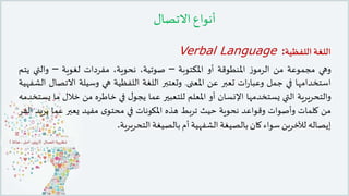 ‫أنواع‬‫االتصال‬
‫اللغة‬‫اللفظية‬Verbal Language :
‫وهي‬‫مجموعة‬‫من‬‫ز‬‫الرمو‬‫املنطوقة‬‫أو‬‫املكتوبة‬–،‫صوتية‬،‫نحوية‬‫مفردات‬‫لغوية‬–‫والتي‬‫ي‬‫تم‬
‫استخدامها‬‫في‬‫جمل‬‫ات‬‫ر‬‫وعبا‬‫تعبر‬‫عن‬‫املعنى‬.‫وتعتبر‬‫اللغة‬‫اللفظية‬‫هي‬‫وسيلة‬‫االتص‬‫ال‬‫الشفهية‬
‫والتحريرية‬‫التي‬‫يستخدمها‬‫اإلنسان‬‫أو‬‫املعلم‬‫للتعبير‬‫عما‬‫ل‬‫يجو‬‫في‬‫خاطره‬‫من‬‫خالل‬‫م‬‫ا‬‫يستخدمه‬
‫من‬‫كلمات‬‫وأصوات‬‫وقواعد‬‫نحوية‬‫حيث‬‫تربط‬‫هذه‬‫املكونات‬‫في‬‫ى‬‫محتو‬‫مفيد‬‫يعبر‬‫عما‬‫ي‬‫ريد‬‫الفر‬
‫إيصاله‬‫لآلخرين‬‫سواء‬‫كان‬‫بالصيغة‬‫الشفهية‬‫أم‬‫بالصيغة‬‫التحريرية‬.
 