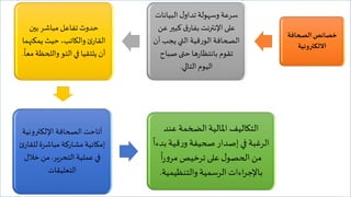 ‫الصحافة‬‫خصائص‬
‫االلكترونية‬
‫البيانا‬ ‫ل‬‫تداو‬ ‫وسهولة‬‫سرعة‬‫ت‬
‫كبير‬ ‫ق‬‫بفار‬‫اإلنترنت‬ ‫على‬‫عن‬
‫يجب‬ ‫التي‬ ‫قية‬‫ر‬‫الو‬‫الصحافة‬‫أن‬
‫صباح‬ ‫حتى‬ ‫ها‬‫ر‬‫بانتظا‬ ‫تقوم‬
‫التالي‬ ‫اليوم‬.
‫بين‬ ‫مباشر‬‫تفاعل‬ ‫حدوث‬
‫يمكن‬ ‫حيث‬ ،‫والكاتب‬ ‫ئ‬‫القار‬‫هما‬
‫واللحظ‬ ‫التو‬ ‫في‬ ‫يلتقيا‬ ‫أن‬
ً
‫معا‬ ‫ة‬.
‫اإللكتروني‬ ‫الصحافة‬ ‫أتاحت‬‫ة‬
‫للق‬ ‫مباشرة‬ ‫مشاركة‬ ‫إمكانية‬‫ئ‬‫ار‬
‫التحرير‬ ‫عملية‬ ‫في‬.‫خالل‬ ‫من‬
‫التعليقات‬
‫عند‬‫الضخمة‬‫املالية‬ ‫التكاليف‬
‫ب‬‫قية‬‫ر‬‫و‬ ‫صحيفة‬‫إصدار‬ ‫في‬ ‫الرغبة‬
ً
‫دءا‬
ً
‫ا‬‫ر‬‫و‬‫مر‬ ‫ترخيص‬ ‫على‬ ‫ل‬‫الحصو‬‫من‬
‫والتنظيمي‬ ‫الرسمية‬ ‫اءات‬‫ر‬‫باإلج‬‫ة‬.
 