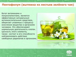 Пентафилум (вытяжка из листьев зелёного чая)
Богат витаминами и
микроэлементами, является
эффективным натуральным
антиокислительным средством,
оберегает уязвимые к процессу
окисления вещества в организме
человека. Это обеспечивает
нормальную деятельность клеток.
Ценность этого элемента,
также состоит в его способности
нейтрализовать действие
свободных радикалов в организме.
 
