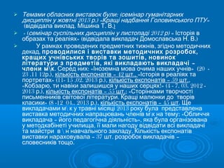  : (Темами обласних виставок були семінар гуманітарних
2013 .) « »дисциплін у жовтні р Кращі надбання Головинського ПТУ
( . . .відвідала виклад Мішина Т В )
 - ( 2012 )семінар суспільних дисциплін у листопаді р « Історія в
» ( . .)образах та реаліях відвідала викладач Домославська Н В
 ,У рамках проведених предметних тижнів згідно методичних
,декад ,проводилися і виставки методичних розробок
,кращих учнівських творів та зошитів новинок
, –літератури з предметів які викладають викладачі
члени м к. : « » (20 -Серед них Іноземна мова очима наших учнів
23 .11 12 .),р – 42 .,кількість експонатів шт «Історія в реаліях та
» (11- 15 .02. 2013 .),портретах р – 59 .кількість експонатів шт ,
« , !» (4 - 7. 03. 2012 -Кобзарю ти навіки залишишся у наших серцях
2013 .),р – 55 .кількість експонатів шт ; «Сторінками творчості
.письменників світової літератури Кращі малюнки до творів
» (8 -12 04.. 2013 .),класики р – 45кількість експонатів шт. Ще
 2013викладачами м к у травні місяці року була представлена
 : «виставка методичних напрацювань членів м к на тему Обличчя
– »,викладача його педагогічна діяльність яка була організована
,у методкабінеті училища її мали нагоду відвідати всі викладачі
 .та майстри в н навчального закладу Кількість експонатів
– 37 . –виставки нараховувала шт розробок викладачів
.словесників тощо
 