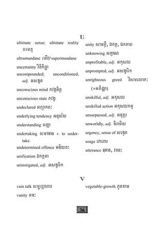 36
U
ultimate sense; ultimate reality
brmtß
ultramundane emIl supermundane
uncertainty vicikicäa
uncompounded; unconditioned,
adj. Gsgçt
unconscious mind PvgÁcitþ
unconscious state PvgÁ
undeclared GBüakt³
underlying tendency Gnus½y
understanding bØa
undertaking smaTan v. to under-
take.
undetermined offence Gniyt³
unification ÉkKÁta
uninstigated, adj. Gsgçarik
unity samKÁI, Éktþ, ÉkPaB
unknowing GjaN
unprofitable, adj. Gkusl
unprompted, adj. Gsgçarik
unrighteous greed vismelaP³
¬=GPiCÄa¦
unskilful, adj. Gkusl
unskilled action Gkuslkmμ
unsurpassed, adj. Gnutþr
unworldly, adj. niramis
urgency, sense of segVK
usage evahar
utterance «Tan, vcn³
V
vain talk smöb/lab
vanity mT³
vegetable-growth PUtKam
 