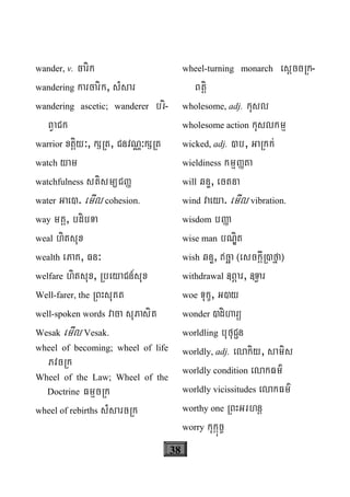 38
wander, v. carik
wandering karcarik, sMsar
wandering ascetic; wanderer bri-
BVaCk
warrior xtþiy³, kSRt, CnvNÑ³kSRt
watch yam
watchfulness stism/CØ
water Gae). emIl cohesion.
way mKÁ, bdibTa
weal hitsux
wealth ePaK, Fn³
welfare hitsux, RbeyaCn_sux
Well-farer, the RBHsuKt
well-spoken words vaca suPasit
Wesak emIl Vesak.
wheel of becoming; wheel of life
PvcRk
Wheel of the Law; Wheel of the
Doctrine FmμcRk
wheel of rebirths sMsarcRk
wheel-turning monarch esþccRk-
Btþi
wholesome, adj. kusl
wholesome action kuslkmμ
wicked, adj. )b, GaRkk;
wieldiness kmμØta
will qnÞ, ectna
wind vaeya. emIl vibration.
wisdom bØa
wise man bNÐit
wish qnÞ, cäa ¬esckþIR)fña¦
withdrawal «BÖar, «T§ar
woe Tukç, G)y
wonder )diharü
worldling bufuC¢n
worldly, adj. elakiy, samis
worldly condition elakFm’
worldly vicissitudes elakFm’
worthy one RBHGrhnþ
worry kukáúc©
 