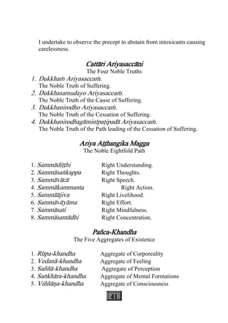41
I undertake to observe the precept to abstain from intoxicants causing
carelessness.
Cattàri Ariyasaccàni
The Four Noble Truths
1. Dukkhaç Ariyasaccaç.
The Noble Truth of Suffering.
2. Dukkhasamudayo Ariyasaccaç.
The Noble Truth of the Cause of Suffering.
3. Dukkhanirodho Ariyasaccaç.
The Noble Truth of the Cessation of Suffering.
4. Dukkhanirodhagàminìpaåipadà Ariyasaccaç.
The Noble Truth of the Path leading of the Cessation of Suffering.
Ariya Aååhangika Magga
The Noble Eightfold Path
1. Sammàdiååhi Right Understanding.
2. Sammàsaækappa Right Thoughts.
3. Sammàvàcà Right Speech.
4. Sammàkammanta Right Action.
5. Sammààjiva Right Livelihood.
6. Sammàvàyàma Right Effort.
7. Sammàsati Right Mindfulness.
8. Sammàsamàdhi Right Concentration.
Pañca-Khandha
The Five Aggregates of Existence
1. Rùpa-khandha Aggregate of Corporeality
2. Vedanà-khandha Aggregate of Feeling
3. Saññà-khandha Aggregate of Perception
4. Saækhàra-khandha Aggregate of Mental Formations
5. Viññàäa-khandha Aggregate of Consciousness
 
