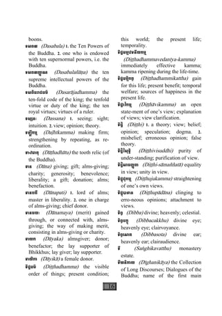 16
boons.
ទសពល (Dasabala) 1. the Ten Powers of
the Buddha. 2. one who is endowed
with ten supernormal powers, i.e. the
Buddha.
ទសពលញា្ញ ណ (Dasabalañàäa) the ten
supreme intellectual powers of the
Buddha.
ទសពិធរាជធម៌ (Dasaràjadhamma) the
ten-fold code of the king; the tenfold
virtue or duty of the king; the ten
royal virtues; virtues of a ruler.
ទស្សនៈ (Dassana) 1. seeing; sight;
intuition. 2. view; opinion; theory.
ទឡ្ហីកម្ម (Daøhìkamma) making firm;
strengthening by repeating, as re-
ordination.
ទាឋធាតុ (Dàåhadhàtu) the tooth relic (of
the Buddha).
ទាន (Dàna) giving; gift; alms-giving;
charity; generosity; benevolence;
liberality; a gift; donation; alms;
benefaction.
ទានបតី (Dànapati) 1. lord of alms;
master in liberality. 2. one in charge
of alms-giving; chief donor.
ទានមយៈ (Dànamaya) (merit) gained
through, or connected with, alms-
giving; the way of making merit,
consisting in alms-giving or charity.
ទាយក (Dàyaka) almsgiver; donor;
benefactor; the lay supporter of
Bhikkhus; lay giver; lay supporter.
ទាយិកា (Dàyikà) a female donor.
ទិដ្ឋធម៌ (Diååhadhamma) the visible
order of things; present condition;
this world; the present life;
temporality.
ទិដ្ឋធម្មេវទនីយកម្ម
(Diååhadhammavedanìya-kamma)
immediately effective kamma;
kamma ripening during the life-time.
ទិដ្ឋធម្មិកត្ថ (Diååhadhammikattha) gain
for this life; present benefit; temporal
welfare; sources of happiness in the
present life.
ទិដ្ឋាវិកម្ម (Diååhàvikamma) an open
state-ment of one’s view; explanation
of views; view clarification.
ទិដ្ឋិ (Diååhi) 1. a theory; view; belief;
opinion; speculation; dogma. 2.
misbelief; erroneous opinion; false
theory.
ទិដ្ឋិវិសុទ្ធិ (Diååhivisuddhi) purity of
under-standing; purification of view.
ទិដ្ឋិសាមញ្ញតា (Diååhi-sàmaññatà) equality
in view; unity in view.
ទិដ្ឋុជុកម្ម (Diååhujukamma) straightening
of one’s own views.
ទិដ្ឋុបាទាន (Diååhupàdàna) clinging to
erro-neous opinions; attachment to
views.
ទិព្វ (Dibba) divine; heavenly; celestial.
ទិព្វចក្ខុ (Dibbacakkhu) divine eye;
heavenly eye; clairvoyance.
ទិព្វេសាត (Dibbasota) divine ear;
heavenly ear; clairaudience.
ទី (Saæghikavatthu) monastery
estate.
ទីឃនិកាយ (Dìghanikàya) the Collection
of Long Discourses; Dialogues of the
Buddha; name of the first main
 