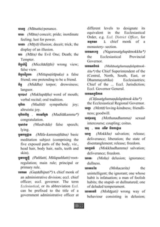 39
មានត្ត (Mànatta) penance.
មានះ (Màna) conceit; pride; inordinate
feeling; lust for power.
មាយា (Màyà) illusion; deceit; trick; the
display of an illusion.
មារ (Màra) the Evil One; Death; the
Tempter.
មិចា្ឆ ទិដ្ឋិ (Micchàdiååhi) wrong view;
false view.
មិត្តបដិរូបកៈ (Mittapaåirùpaka) a false
friend; one pretending to be a friend.
មិទ្ធ (Middha) torpor; drowsiness;
languor.
មុខបាឋ (Mukhapàåha) word of mouth;
verbal recital; oral tradition.
មុទិតា (Mudità) sympathetic joy;
altruistic joy.
មុទិតាចិត្ត , ការសែម្តង (Muditàkamma*)
congratulation.
មុសាវាទ (Musàvàda) false speech;
lying.
មូលកម្មដ្ឋាន (Mùla-kammaååhàna) basic
meditation subject (comprising the
five exposed parts of the body, viz.,
head hair, body hair, nails, teeth and
skin).
មូលបញ្ញត្តិ (Paññatti, Mùlapaññatti) root-
regulation; main rule; principal or
primary rule.
េមគណ (Gaäàdhipati*) 1. chief monk of
an administrative division; eccl. chief
officer; eccl. governor. The term
Ecclesiastical, or its abbreviation Eccl.
can be prefixed to the title of a
government administrative officer at
different levels to designate its
equivalent in the Ecclesiastical
Order, e.g. Eccl. District Officer, for
អនុគណ 2. chief monk of a
monastery- section.
េមគណេខត្ត (Nagarasaæghapàmokkha*)
the Ecclesiastical Provincial
Governor.
េមគណតំបន់ (Mahàsaæghamaäðalapàmok-
kha*) the Chief Superintendent of the
(Central, North, South, East, or
Dhammayuttika) Ecclesiastries;
Chief of the ... Eccl. Jurisdiction;
Eccl. Governor General.
េមគណភូមិភាគ
(Cùøasaæghamaäðalapàmok-kha*)
the Ecclesiastical Regional Governor.
េមតា្ត (Mettà) loving-kindness; friendli-
ness; goodwill.
េមថុនធម្ម (Methunadhamma) sexual
intercourse; coupling; coitus.
េមរុ , េមន េមីល ចិតកាដ្ឋាន
េមាក្ខ (Mokkha) salvation; release;
deliverance; liberation; the state of
disentanglement; release; freedom.
េមាក្ខធម៌ (Mokkhadhamma) salvation;
deliverance; freedom.
េមាហៈ (Moha) delusion; ignorance;
dullness.
េមាហចរិត (Mohacarita) the
unintelligent; the ignorant; one whose
habit is infatuation; a man of foolish
habits; the stupid- or dullnatured; one
of deluded temperament.
េមាហាគតិ (Mohàgati) wrong way of
behaviour consisting in delusion;
 