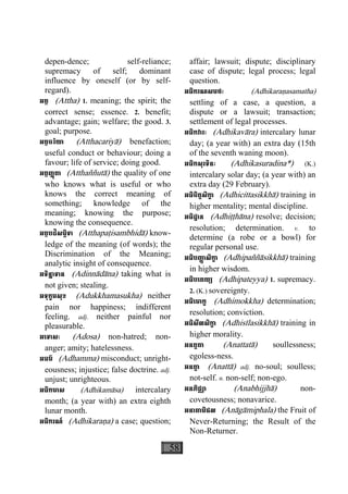58
depen-dence; self-reliance;
supremacy of self; dominant
influence by oneself (or by self-
regard).
អត្ថ (Attha) 1. meaning; the spirit; the
correct sense; essence. 2. benefit;
advantage; gain; welfare; the good. 3.
goal; purpose.
អត្ថចរិយា (Atthacariyà) benefaction;
useful conduct or behaviour; doing a
favour; life of service; doing good.
អត្ថញ្ញតាុ (Atthaññutà) the quality of one
who knows what is useful or who
knows the correct meaning of
something; knowledge of the
meaning; knowing the purpose;
knowing the consequence.
អត្ថបដិសម្ភិទា (Atthapaåisambhidà) know-
ledge of the meaning (of words); the
Discrimination of the Meaning;
analytic insight of consequence.
អទិន្នាទាន (Adinnàdàna) taking what is
not given; stealing.
អទុក្ខមសុខ (Adukkhamasukha) neither
pain nor happiness; indifferent
feeling. adj. neither painful nor
pleasurable.
អេទាសៈ (Adosa) non-hatred; non-
anger; amity; hatelessness.
អធម៌ (Adhamma) misconduct; unright-
eousness; injustice; false doctrine. adj.
unjust; unrighteous.
អធិកមាស (Adhikamàsa) intercalary
month; (a year with) an extra eighth
lunar month.
អធិករណ៍ (Adhikaraäa) a case; question;
affair; lawsuit; dispute; disciplinary
case of dispute; legal process; legal
question.
អធិករណសមថៈ (Adhikaraäasamatha)
settling of a case, a question, a
dispute or a lawsuit; transaction;
settlement of legal processes.
អធិកវារៈ (Adhikavàra) intercalary lunar
day; (a year with) an extra day (15th
of the seventh waning moon).
អធិកសុរទិនៈ (Adhikasuradina*) (K.)
intercalary solar day; (a year with) an
extra day (29 February).
អធិចិត្តសិកា្ខ (Adhicittasikkhà) training in
higher mentality; mental discipline.
អធិដ្ឋាន (Adhiååhàna) resolve; decision;
resolution; determination. v. to
determine (a robe or a bowl) for
regular personal use.
អធិបញា្ញ សិកា្ខ (Adhipaññàsikkhà) training
in higher wisdom.
អធិបេតយ្យ (Adhipateyya) 1. supremacy.
2. (K.) sovereignty.
អធិេមាក្ខ (Adhimokkha) determination;
resolution; conviction.
អធិសីលសិកា្ខ (Adhisìlasikkhà) training in
higher morality.
អនត្តតា (Anattatà) soullessness;
egoless-ness.
អនតា្ត (Anattà) adj. no-soul; soulless;
not-self. n. non-self; non-ego.
អនភិជ្ឈា (Anabhijjhà) non-
covetousness; nonavarice.
អនាគាមិផល (Anàgàmiphala) the Fruit of
Never-Returning; the Result of the
Non-Returner.
 