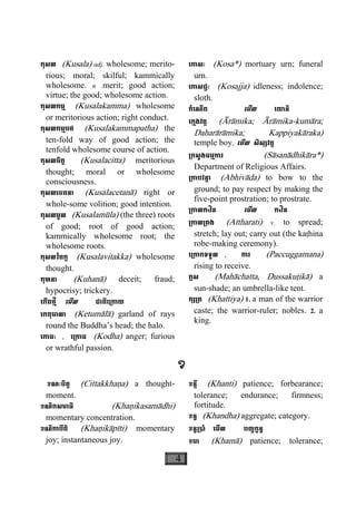 4
កុសល (Kusala) adj. wholesome; merito-
rious; moral; skilful; kammically
wholesome. n .merit; good action;
virtue; the good; wholesome action.
កុសលកម្ម (Kusalakamma) wholesome
or meritorious action; right conduct.
កុសលកម្មបថ (Kusalakammapatha) the
ten-fold way of good action; the
tenfold wholesome course of action.
កុសលចិត្ត (Kusalacitta) meritorious
thought; moral or wholesome
consciousness.
កុសលេចតនា (Kusalacetanà) right or
whole-some volition; good intention.
កុសលមូល (Kusalamùla) (the three) roots
of good; root of good action;
kammically wholesome root; the
wholesome roots.
កុសលវិតក្ក (Kusalavitakka) wholesome
thought.
កុហនា (Kuhanà) deceit; fraud;
hypocrisy; trickery.
េកីតថ្មី េមីល ជាតិេ្រកាយ
េកតុមាលា (Ketumàlà) garland of rays
round the Buddha’s head; the halo.
េកាធៈ , េ្រកាធ (Kodha) anger; furious
or wrathful passion.
េកាសៈ (Kosa*) mortuary urn; funeral
urn.
េកាសជ្ជៈ (Kosajja) idleness; indolence;
sloth.
កំេណីត េមីល េយានិ
េក្មងវត្ត (Àràmika; Àràmika-kumàra;
Daharàràmika; Kappiyakàraka)
temple boy. េមីល សិស្សវត្ត
្រកសួងធម្មការ (Sàsanàdhikàra*)
Department of Religious Affairs.
្រកាបវន្ទា (Abhivàda) to bow to the
ground; to pay respect by making the
five-point prostration; to prostrate.
្រកាលកឋិន េមីល កឋិន
្រកាល្រគង (Attharati) v. to spread;
stretch; lay out; carry out (the kaåhina
robe-making ceremony).
េ្រកាកទទួល , ការ (Paccuggamana)
rising to receive.
ក្លស (Mahàchatta, Dussakuåikà) a
sun-shade; an umbrella-like tent.
ក្ស្រត (Khattiya) 1. a man of the warrior
caste; the warrior-ruler; nobles. 2. a
king.
ខ
ខណៈចិត្ត (Cittakkhaäa) a thought-
moment.
ខណិកសមាធិ (Khaäikasamàdhi)
momentary concentration.
ខណិកាបីតិ (Khaäikàpìti) momentary
joy; instantaneous joy.
ខន្តី (Khanti) patience; forbearance;
tolerance; endurance; firmness;
fortitude.
ខន្ធ (Khandha) aggregate; category.
ខន្ធ្របាំ េមីល បញ្ចក្ខន្ធ
ខមា (Khamà) patience; tolerance;
 