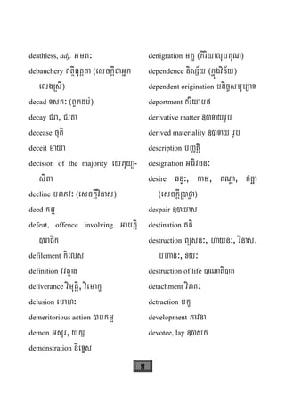 8
deathless, adj. Gmt³
debauchery tßIFutþta ¬esckþICaGñk
elgRsI¦
decad Tsk³ ¬BYkdb;¦
decay Cra, Crta
decease cuti
deceit maya
decision of the majority eyPuyü-
sita
decline braPv³ ¬esckþIvinas¦
deed kmμ
defeat, offence involving Gabtþi
)raCik
defilement kiels
definition vvtßan
deliverance vimutþi, viemakç
delusion emah³
demeritorious action )bkmμ
demon Gsur, ykS
demonstration nieTÞs
denigration mkç ¬kiriyalubKuN¦
dependence nisS½y ¬kñúgvin½y¦
dependent origination bdic©smub/aT
deportment riyabf
derivative matter «)TayrUb
derived materiality «)Tay rUb
description bØtþi
designation GFivcn³
desire qnÞ³, kam, tNða, cäa
¬esckþIR)fña¦
despair «)yas
destination Kti
destruction Büsn³, hayn³, vinas,
bhan³, xy³
destruction of life )Nati)t
detachment viraK³
detraction mkç
development Pavna
devotee, lay «)sk
 