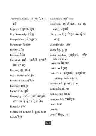 9
Dhamma; Dharma, the RBHFm’, Fmμ,
Fm’
diligence Gb/maT, «dæan
direct knowledge GPiØa
disappearance cuti, GnþrFan
discernment vickçNa
disciple sav½k
discipline vin½y
discontent Grti, GnPirti ¬esckþI
mineRtkGr¦
discovery BuT§i, eBaFi
discrimination bdismÖiTa
discursive thinking vicar
discussion sakcäa
disease eraK, BüaFi
disparaging blas ¬sPav³eTAR)s
edayxül; «³ søwkeQI, cMebuIg¦
dispassion niBViTa
dispensation sasnFm’, RBHsasna
dispute vivaT
disquisition Fmμbriyay
dissension esckþIravrk, (in the
order) sgÇraCI
distraction «T§c©, viekçb ¬esckþIray
may¦
diversification bbBa©
divine TiBV, RBhμ
divine abiding RBhμvihar. emIl
sublime states.
divine ear TiBVesat
divine eye TiBVckçú
divine life RBhμcN’, RBhμcriy³,
RBhμcarü. emIl holy life.
doctrine Fm’, RBHFm’, )vcn³
domain vis½y, PB
domineering blas
donation Tan, karbric©aK
donor Tayk
door TVar
doubt vicikicäa, kgça
 