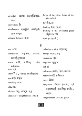 10
downfall braPv³ ¬esckþIvinas¦,
G)y
drowsiness miT§
drunkenness suraFutþta ¬esckþICa
Gñkelgsura¦
dulness, dullness emah³
duties of the King; duties of the
ruler raCFm’
duty kic©, vtþ
dwelling vihar ¬TIenA¦
dwelling in the favourable place
bdirUbeTsvas
dyad Tuk³ ¬BYkBIr¦
E
ear esat³
earnestness Gb/maT, Gatab³
¬esckþIBüayam¦
earth bzvI, bzvIFatu. emIl
extension
ease sux
effort viriy³, vayam³, esckþIBüayam
ego Gtþa, Gatμ½n
elasticity muTuta
elder efr
element Fatu, mhaPUt, GgÁ
elements of enlightenment eBaCÄgÁ
embodiment view skáayTidæi
embryo kll³, KBÖ
emergence vudæan
emptiness suØta
end Gnþ
endeavour bFan, viriy³, vayam³
endurance xnþI, GPivasn³
energy viriy³
enjoyment briePaK ¬esay, eRbI
CamYysm/tþi esckþIsux CaedIm¦,
GsSaT³
Enlightenment One, the RBHBuT§
 