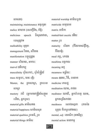 20
sasna¦
maintaining; maintenance Gnurkçna
malice GaXat ¬esckþIxwg, KMnuM¦
malicious speech bisuNavaca,
ebsuØvaT
malleability muTuta
management viFan, sMviFan
manifestation bc©úb/dæan
manner briyay, Gakar³
marvel )diharü
masculinity burisPav³, burisi®nÞIy_
mass smUh³, Xn³ ¬duM¦
Master, the RBHsasþa, RBHbrm
sasþa
mastery vsI ¬Gñkman®nÞIy_sRgÜm
ehIy, GñkbYs¦
material gifts GamisTan
material happiness samissux
material qualities rUbFm’, rUb
material things Gamis
material worship GamisbUCa
matricide matuXat
matrix matika
matted-hair ascetic Cdil
matter rUb
maturity bri)k ¬kiriyacas;CuMvij,
kiriyaTuM¦
meal Ptþ, ePaCn
mealtime Ptþkal
meaning Gtß
meanness mcäriy³
means «)y, viFI, beyaK
medicine ePsC¢
meditation Qan, Pavna
meditator QayI, GñkbMeBj Qan,
GñkceRmInPavna
meekness esavcsSta ¬PaBén
buKÁl KWeKRbedAgay¦
mental, adj. ectsik ¬xagcitþ¦
mental action menakmμ
 