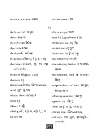 24
nutrients; nutriment Gahar nutritive essence »Ca
O
obedience esavcsSta
object GarmμN_
objective-field vis½y
objectivity tfta
oblation BlI, BlIkmμ
obligations )tiemakç, kic©, Fur³, Bn§
observance «e)sf, vtþ, kar rkSa
¬sIl CaedIm¦
obsession briyudæan, bbBa©
obstinacy fmÖ
obstruction nIvrN³. emIl hindrance.
octad Gdæk³ ¬BYk8¦
odorous object Kn§armμN_
odour Kn§
offence Gabtþi
offering BlI, TkçiNa, TkSiN, bUCa
old age Cra
olfactory organ Xan³
omen nimitþ; good omen mgÁl
omnipotent, adj. sBVaPiPU
omniscience sBVØúta
Omniscient, the RBHsBVØÚ
once-returner skTaKamI
once-returning, fruition of skTaKa-
mipl
once-returning, path of skTaKa-
mimKÁ
one-pointedness of mind ÉkKÁta,
citþesSkKÁta
onlooking-equanimity «ebkça
opposite, adj. bdibkç
Order, the RBHsgÇ, KNsgÇ
ordinary man emIl worldling.
ordination «bsm/Ta, «bsm/½T v.
to ordain.
 