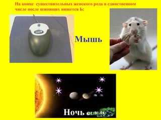 На конце существительных женского рода в единственном
числе после шипящих пишется Ь:
Мышь
Ночь
 