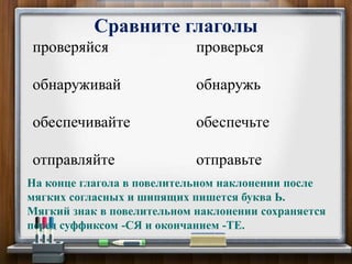 Сравните глаголы
проверься
обнаружь
обеспечьте
отправьте
На конце глагола в повелительном наклонении после
мягких согласных и шипящих пишется буква Ь.
Мягкий знак в повелительном наклонении сохраняется
перед суффиксом -СЯ и окончанием -ТЕ.
проверяйся
обнаруживай
обеспечивайте
отправляйте
 