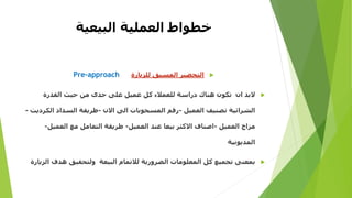 ‫العملية‬ ‫خطواط‬‫البيعية‬
‫للزيارة‬ ‫المسبق‬ ‫التحضير‬Pre-approach
‫القدرة‬ ‫حيث‬ ‫من‬ ‫حدى‬ ‫على‬ ‫عميل‬ ‫كل‬ ‫للعمالء‬ ‫دراسة‬ ‫هناك‬ ‫تكون‬ ‫ان‬ ‫البد‬
‫العميل‬ ‫تصنيف‬ ‫الشرائية‬-‫االن‬ ‫الى‬ ‫المسحوبات‬ ‫رقم‬-‫ال‬ ‫السداد‬ ‫طريقة‬‫كرديت‬-
‫العميل‬ ‫مزاج‬-‫العميل‬ ‫عند‬ ‫بيعا‬ ‫االكثر‬ ‫اصناف‬-‫العميل‬ ‫مع‬ ‫التعامل‬ ‫طريقة‬-
‫المديونية‬
‫هدف‬ ‫ولتحقيق‬ ‫البيعة‬ ‫لالتمام‬ ‫الضرورية‬ ‫المعلومات‬ ‫كل‬ ‫تجميع‬ ‫بمعنى‬‫الزيارة‬
 