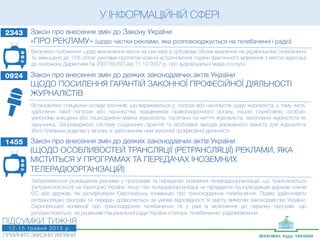 У ІНФОРМАЦІЙНІЙ СФЕРІ
2343 Закон про внесення змін до Закону України
«ПРО РЕКЛАМУ» (щодо частки реклами, яка розповсюджується на телебаченні і радіо)
Вилучено положення щодо визначення квоти на рекламу в добовому обсязі мовлення на українському телебаченні
та зменшено до 15% обсяг реклами протягом кожної астрономічної години фактичного мовлення з метою адаптації
до положень Директиви № 2007/65/ЄС від 11.12.2007 р. про аудіовізуальні медіа-послуги.
0924 Закон про внесення змін до деяких законодавчих актів України
ЩОДО ПОСИЛЕННЯ ГАРАНТІЙ ЗАКОННОЇ ПРОФЕСІЙНОЇ ДІЯЛЬНОСТІ
ЖУРНАЛІСТІВ
Встановлено спеціальні склади злочинів, що виражаються у: погрозі або насильстві щодо журналіста, у тому числі,
здійсненні такої погрози або насильства працівником правоохоронного органу, іншою службовою особою;
умисному знищенні або пошкодженні майна журналіста; посяганні на життя журналіста; захопленні журналіста як
заручника. Запроваджено систему соціальних гарантій та особливих заходів державного захисту для журналіста
(його близьких родичів) у зв’язку зі здійсненням ним законної професійної діяльності.
1455 Закон про внесення змін до деяких законодавчих актів України
(ЩОДО ОСОБЛИВОСТЕЙ ТРАНСЛЯЦІЇ (РЕТРАНСЛЯЦІЇ) РЕКЛАМИ, ЯКА
МІСТИТЬСЯ У ПРОГРАМАХ ТА ПЕРЕДАЧАХ ІНОЗЕМНИХ
ТЕЛЕРАДІООРГАНІЗАЦІЙ)
Забороняється розміщення реклами у програмах та передачах іноземних телерадіоорганізацій, що транслюються
(ретранслюються) на територію України, якщо такі телерадіоорганізації не підпадають під юрисдикцію держав-членів
ЄС або держав, які ратифікували Європейську конвенцію про транскордонне телебачення. Право здійснювати
ретрансляцію програм та передач дозволяється за умови відповідності їх змісту вимогам законодавства України,
Європейської конвенції про транскордонне телебачення та у разі їх включення до переліку програм, що
ретранслюються, за рішенням Національної ради України з питань телебачення і радіомовлення.
 