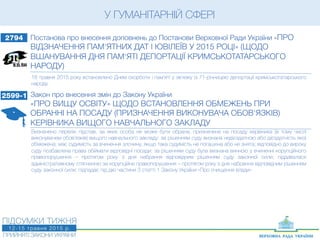 2794 Постанова про внесення доповнень до Постанови Верховної Ради України «ПРО
ВІДЗНАЧЕННЯ ПАМ'ЯТНИХ ДАТ І ЮВІЛЕЇВ У 2015 РОЦІ» (ЩОДО
ВШАНУВАННЯ ДНЯ ПАМ'ЯТІ ДЕПОРТАЦІЇ КРИМСЬКОТАТАРСЬКОГО
НАРОДУ)
18 травня 2015 року встановлено Днем скорботи і пам’яті у зв’язку із 71-річницею депортації кримськотатарського
народу.
У ГУМАНІТАРНІЙ СФЕРІ
2599-1 Закон про внесення змін до Закону України
«ПРО ВИЩУ ОСВІТУ» ЩОДО ВСТАНОВЛЕННЯ ОБМЕЖЕНЬ ПРИ
ОБРАННІ НА ПОСАДУ (ПРИЗНАЧЕННЯ ВИКОНУВАЧА ОБОВ'ЯЗКІВ)
КЕРІВНИКА ВИЩОГО НАВЧАЛЬНОГО ЗАКЛАДУ
Визначено перелік підстав, за яких особа не може бути обрана, призначена на посаду керівника (в тому числі
виконувачем обов’язків) вищого навчального закладу: за рішенням суду визнана недієздатною або дієздатність якої
обмежена; має судимість за вчинення злочину, якщо така судимість не погашена або не знята; відповідно до вироку
суду позбавлена права обіймати відповідні посади; за рішенням суду була визнана винною у вчиненні корупційного
правопорушення – протягом року  з дня набрання відповідним рішенням суду законної сили; піддавалася
адміністративному стягненню за корупційне правопорушення – протягом року з дня набрання відповідним рішенням
суду законної сили; підпадає під дію частини 3 статті 1 Закону України «Про очищення влади».
 