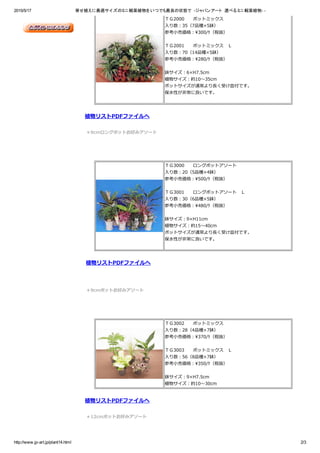 2015/5/17 寄せ植えに最適サイ ズのミニ観葉植物をいつでも最良の状態で　­ジャパンアート　選べるミニ観葉植物­ ­
http://www.jp­art.jp/plant14.html 2/3
ＴＧ2000　　ポットミックス
入り数：35（7品種×5鉢）
参考小売価格：300/ｹ（税抜）
ＴＧ2001　　ポットミックス　Ｌ
入り数：70（14品種×5鉢）
参考小売価格：280/ｹ（税抜）
鉢サイズ：6×H7.5cm
植物サイズ：約10～35cm
ポットサイズが通常より長く受け皿付です。
保水性が非常に良いです。
　
植物リストPDFファイルへ
　
＊9cmロングポットお好みアソート　
　
　
 
ＴＧ3000　　ロングポットアソート
入り数：20（5品種×4鉢）
参考小売価格：500/ｹ（税抜）
ＴＧ3001　　ロングポットアソート　Ｌ
入り数：30（6品種×5鉢）
参考小売価格：480/ｹ（税抜）
鉢サイズ：9×H11cm
植物サイズ：約15～40cm
ポットサイズが通常より長く受け皿付です。
保水性が非常に良いです。
　
植物リストPDFファイルへ 
　
　
＊9cmポットお好みアソート　
　
　
 
ＴＧ3002　　ポットミックス
入り数：28（4品種×7鉢）
参考小売価格：370/ｹ（税抜）
ＴＧ3003　　ポットミックス　Ｌ
入り数：56（8品種×7鉢）
参考小売価格：350/ｹ（税抜）
鉢サイズ：9×H7.5cm
植物サイズ：約10～30cm
　
植物リストPDFファイルへ
　　
＊12cmポットお好みアソート　
　
　
 