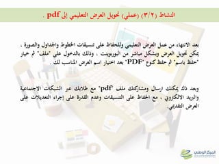 ‫النشاط‬(3/2( )‫عملي‬)‫إىل‬ ‫التعليمي‬ ‫العرض‬ ‫حتويل‬pdf.
‫بعد‬‫االنتهاء‬‫من‬‫عمل‬‫العرض‬‫التعليمي‬‫وللحفاظ‬‫على‬‫تنسيقات‬‫اخلطوط‬‫واجلداول‬‫والصورة‬،
‫ميكن‬‫حتويل‬‫العرض‬‫وبشكل‬‫مباشر‬‫من‬‫بوينت‬‫ر‬‫البو‬،‫وذلك‬‫بالدخول‬‫على‬"‫ملف‬"‫مث‬‫خيار‬
"‫حفظ‬‫باسم‬"‫مث‬‫حفظ‬‫كنوع‬"PDF"‫بعد‬‫اختيار‬‫اسم‬‫العرض‬‫ادلناسب‬‫لك‬.
‫وبعد‬‫ذك‬‫ميكنك‬‫ارسال‬‫كتك‬‫ومشار‬‫ملف‬"pdf"‫مع‬‫طالبك‬‫عرب‬‫الشبكات‬‫االجتماعية‬
‫يد‬‫رب‬‫وال‬‫االلكرتوين‬،‫مع‬‫احلفاظ‬‫على‬‫التنسيقات‬‫وعدم‬‫القدرة‬‫على‬‫اء‬‫ر‬‫إج‬‫التعديالت‬‫على‬
‫العرض‬‫التقدميي‬.
 