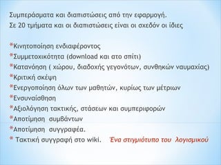Συμπεράσματα και διαπιστώσεις από την εφαρμογή.
Σε 20 τμήματα και οι διαπιστώσεις είναι οι σχεδόν οι ίδιες
*Κινητοποίηση ενδιαφέροντος
*Συμμετοχικότητα (download και ατο σπίτι)
*Κατανόηση ( χώρου, διαδοχής γεγονότων, συνθηκών ναυμαχίας)
*Κριτική σκέψη
*Ενεργοποίηση όλων των μαθητών, κυρίως των μέτριων
*Ενσυναίσθηση
*Αξιολόγηση τακτικής, στάσεων και συμπεριφορών
*Αποτίμηση συμβάντων
*Αποτίμηση συγγραφέα.
* Τακτική συγγραφή στο wiki. Ένα στιγμιότυπο του λογισμικού