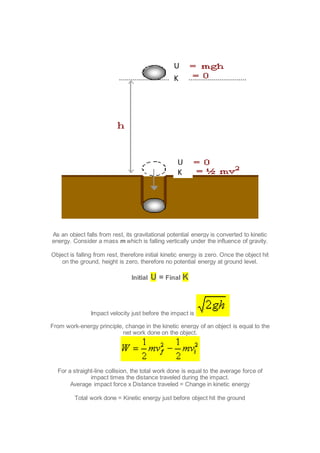 As an object falls from rest, its gravitational potential energy is converted to kinetic
energy. Consider a mass m which is falling vertically under the influence of gravity.
Object is falling from rest, therefore initial kinetic energy is zero. Once the object hit
on the ground, height is zero, therefore no potential energy at ground level.
Initial U = Final K
Impact velocity just before the impact is
From work-energy principle, change in the kinetic energy of an object is equal to the
net work done on the object.
For a straight-line collision, the total work done is equal to the average force of
impact times the distance traveled during the impact.
Average impact force x Distance traveled = Change in kinetic energy
Total work done = Kinetic energy just before object hit the ground
U
K
U
K
 